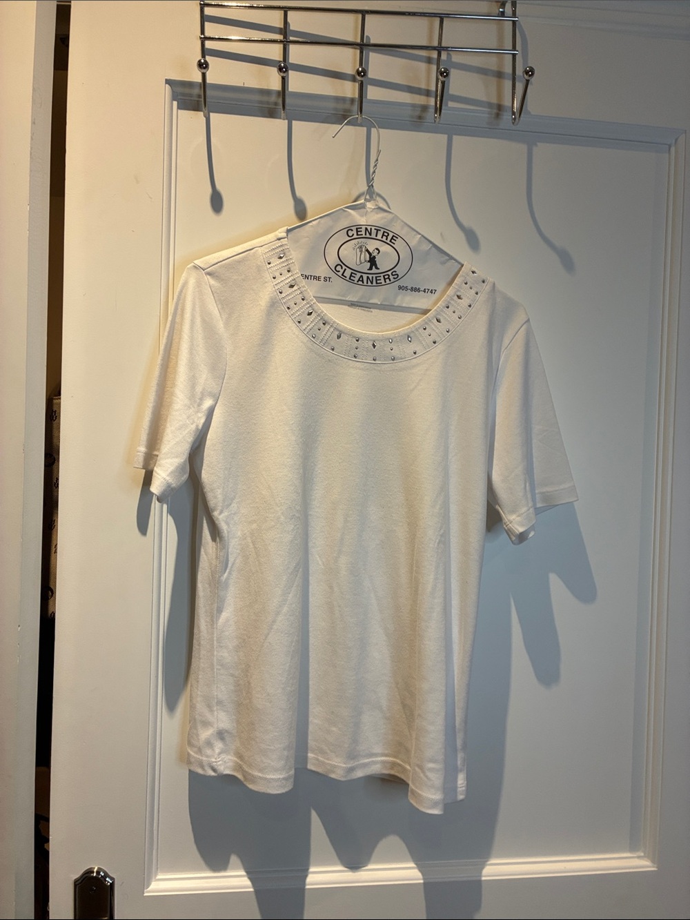 Alia White Short-Sleeve Tee with Studded Crewneck